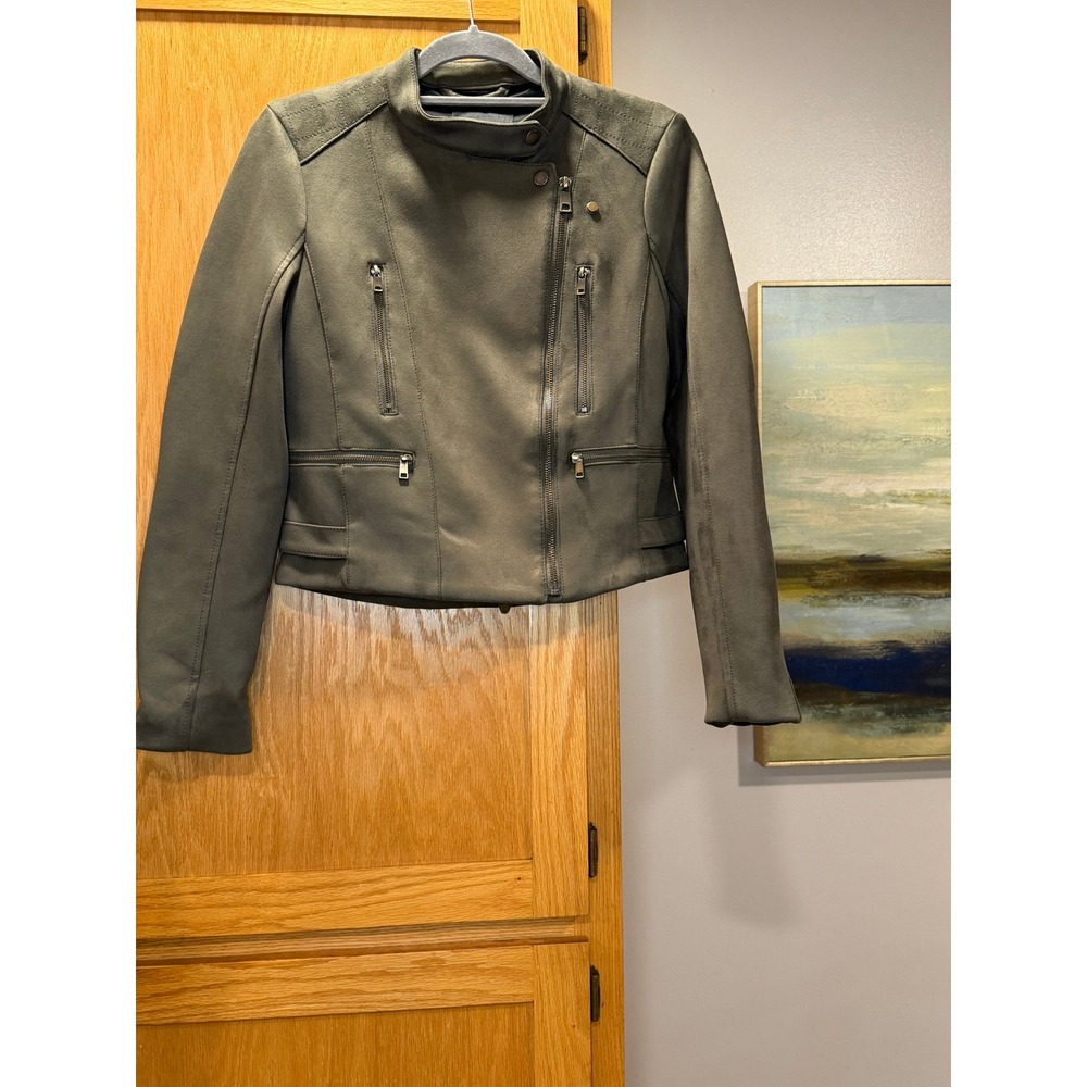 Banana Republic Womens Green Military Vegan Suede Moto Jacket Small Quilted Zip
